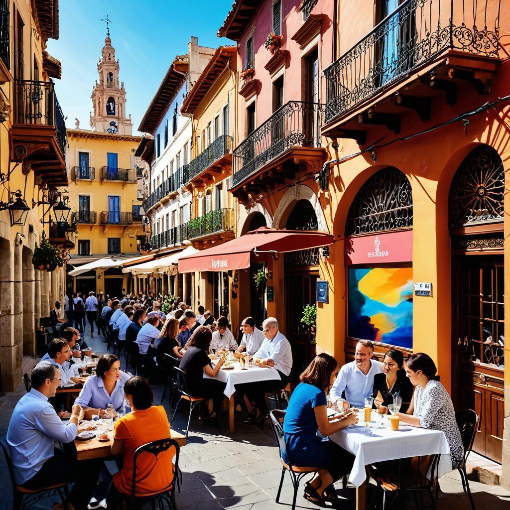 A vibrant street scene in Spain with diverse professionals networking in a bustling outdoor café, surrounded by colorful job postings and career development materials. Include iconic Spanish architecture in the background and people of various ethnicities discussing in groups, illustrating collaboration and growth. Emphasize a sense of optimism and opportunity in the air. bright colors. super-realistic.