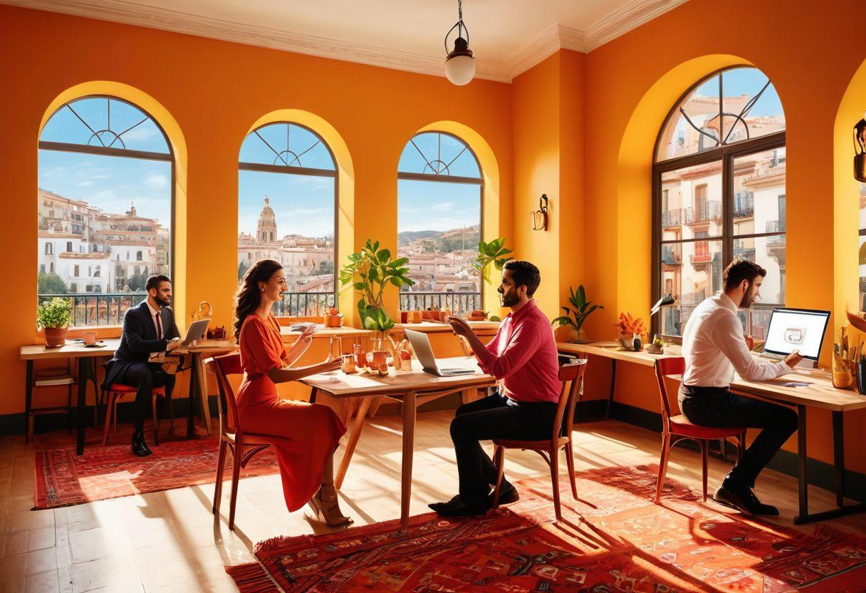 A vibrant illustration of a diverse group of professionals joyfully engaging in various tasks in an open, sunlit Spanish office environment. Include elements of iconic Spanish culture, like flamenco dancers and tapas, subtly integrated within the workspace. Show expressions of satisfaction on their faces, symbolizing happiness and fulfillment. The background should feature a picturesque view of a Spanish cityscape with warm colors. bright colors. vector art.