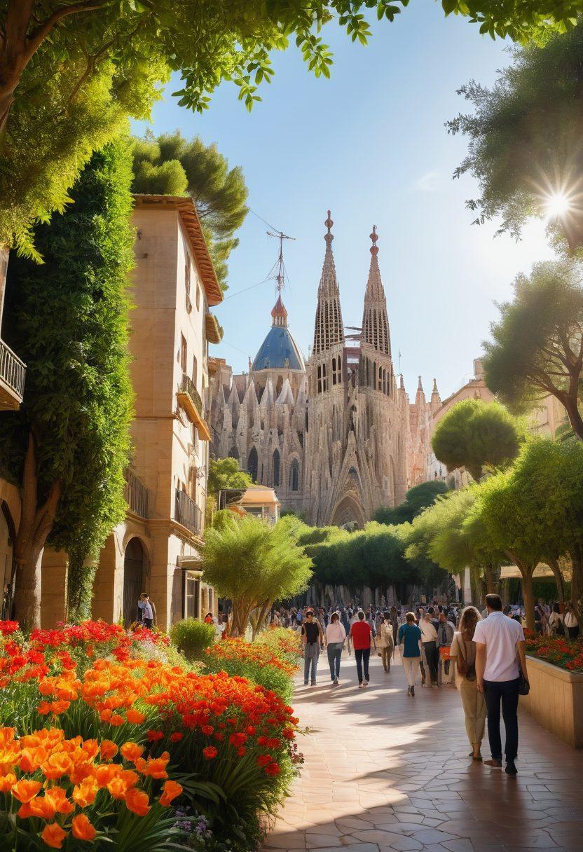 A serene landscape of Spain showcasing a vibrant recruitment fair filled with enthusiastic job seekers and recruiters engaging in meaningful conversations. Incorporate elements of growth, like lush greenery, blooming flowers, and colorful growth charts symbolizing professional advancement. Add cultural landmarks in the background, such as the Sagrada Familia or Alhambra, to enhance the local essence. soft focus with warm sunlight. super-realistic. vibrant colors.